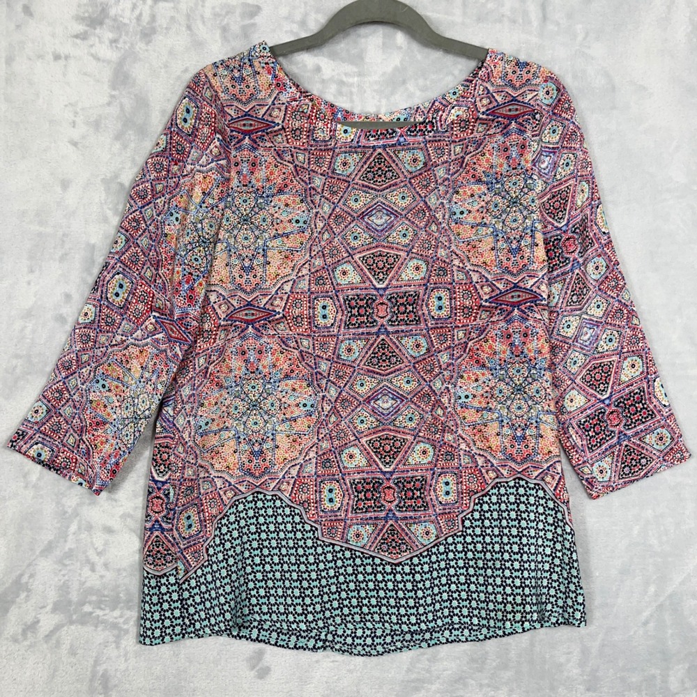 Maeve Women Blouse 6 Multicolor Silk Geometric Button Back Boho Mosaic Top
